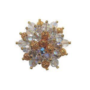 Vintage Gold Tone Filigree Bead AB Glass Crystal Bead Floral Brooch Pin